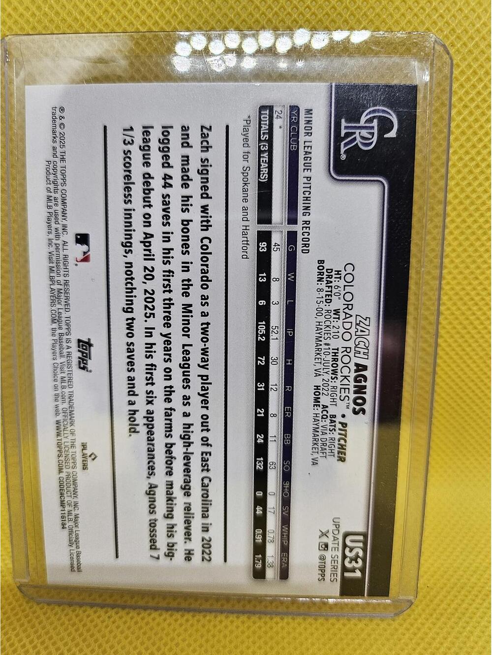 Zach Agnos (RC) 2025 Topps Update  #US31 -  Rockies - RAW Mint - Picture 2 of 2